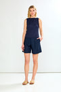 Woman wearing The Amalia Cable Top in Navy