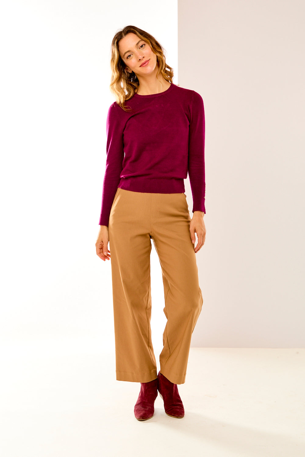 Crew Pullover With Button Cuff Slit in Eggplant