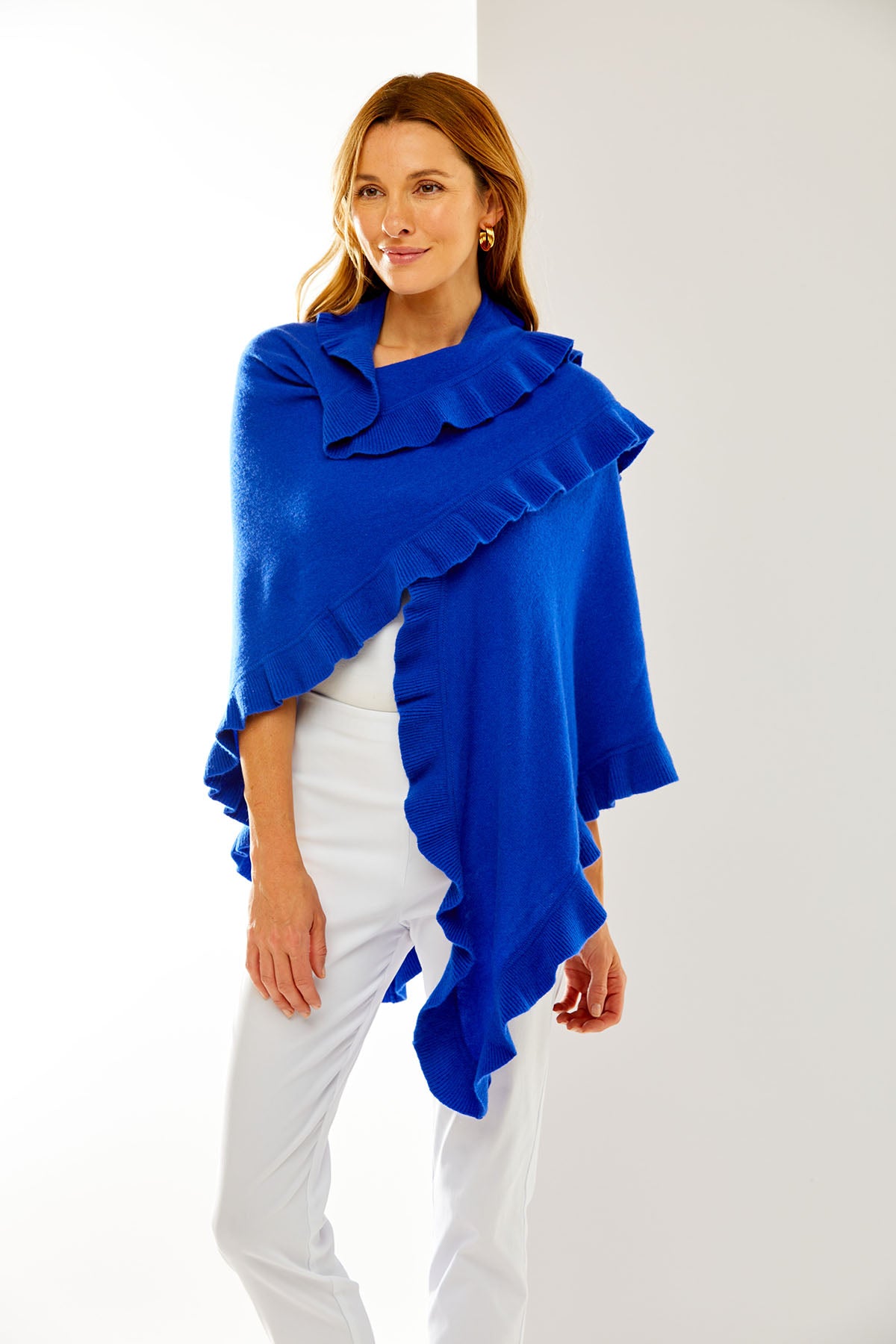 Marine Blue cashmere wrap with ruffle edge. Perfect for everyday wear and as a cocktail attire accessory