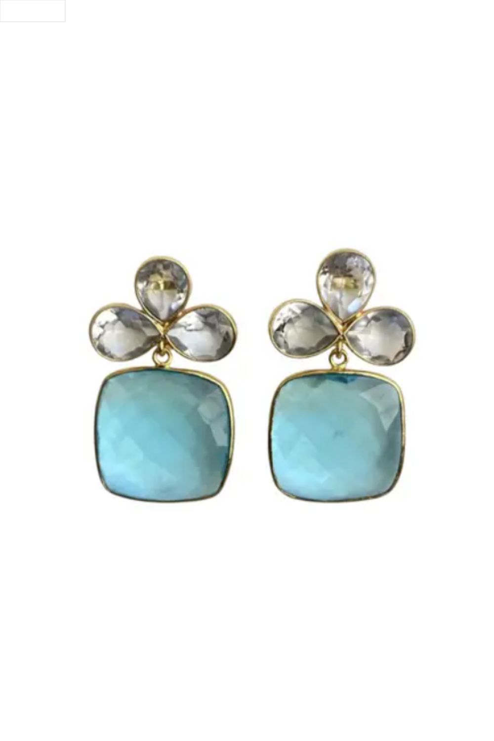 Pair of earrings with blue square stones and gold accents on a white background