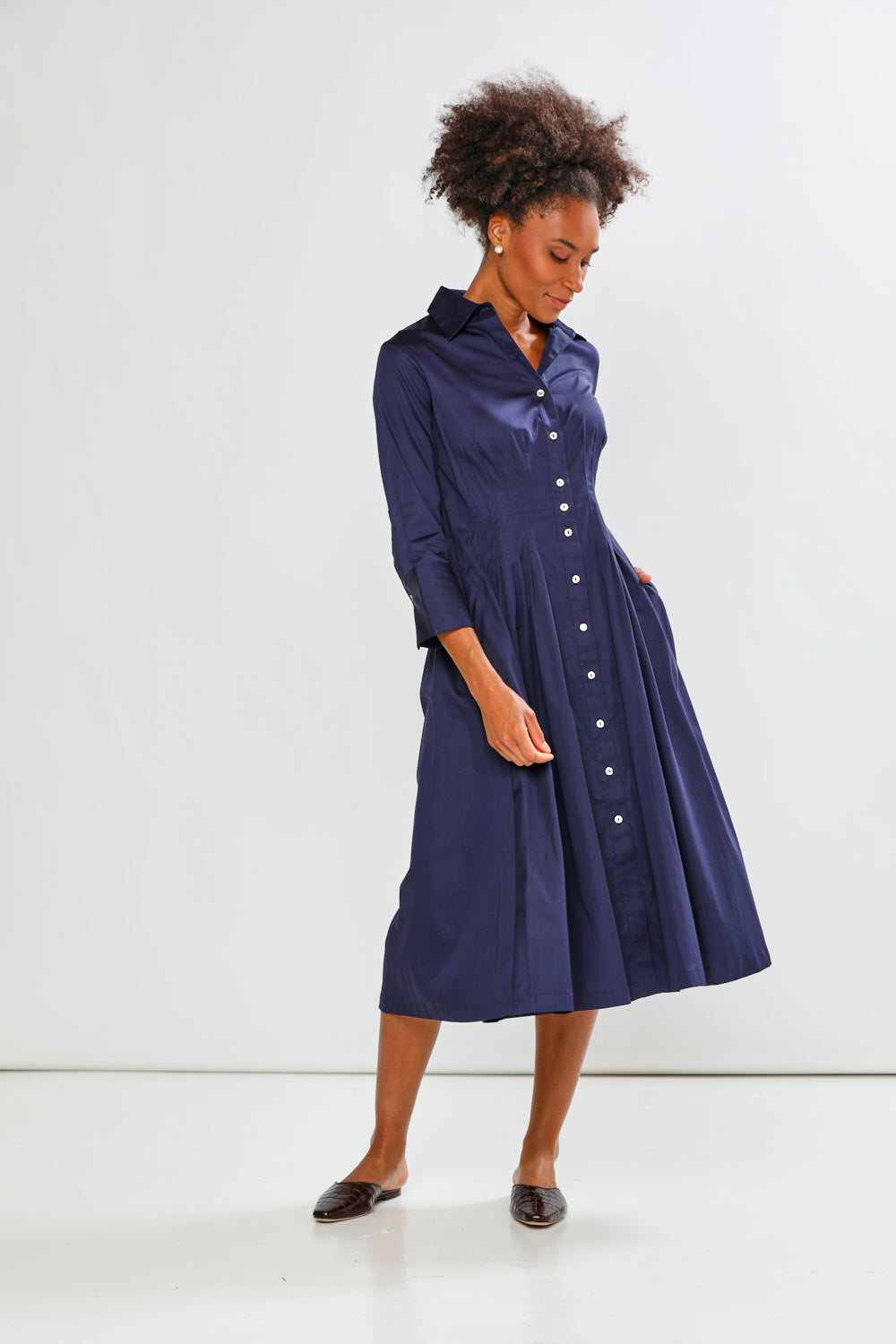 woman in navy dress