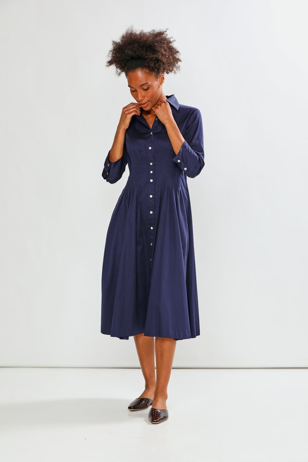 woman in navy dress