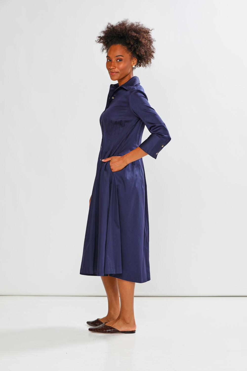 woman in navy dress