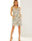 Woman in berry print dress