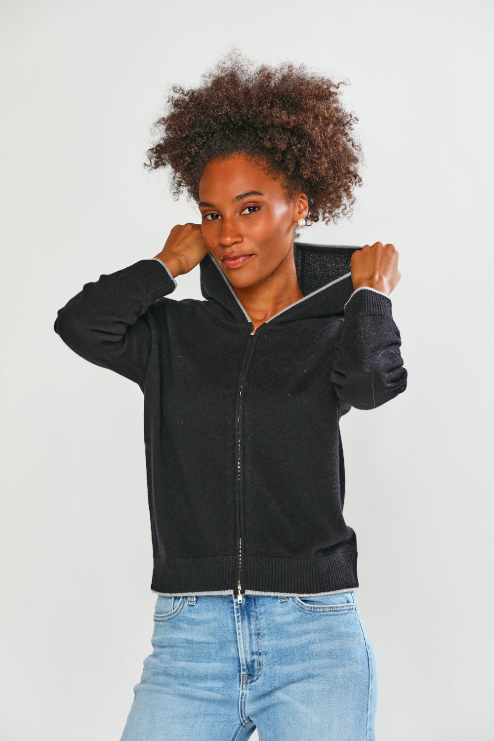 The Zipper Front Tipped Cardigan in Black/Grey