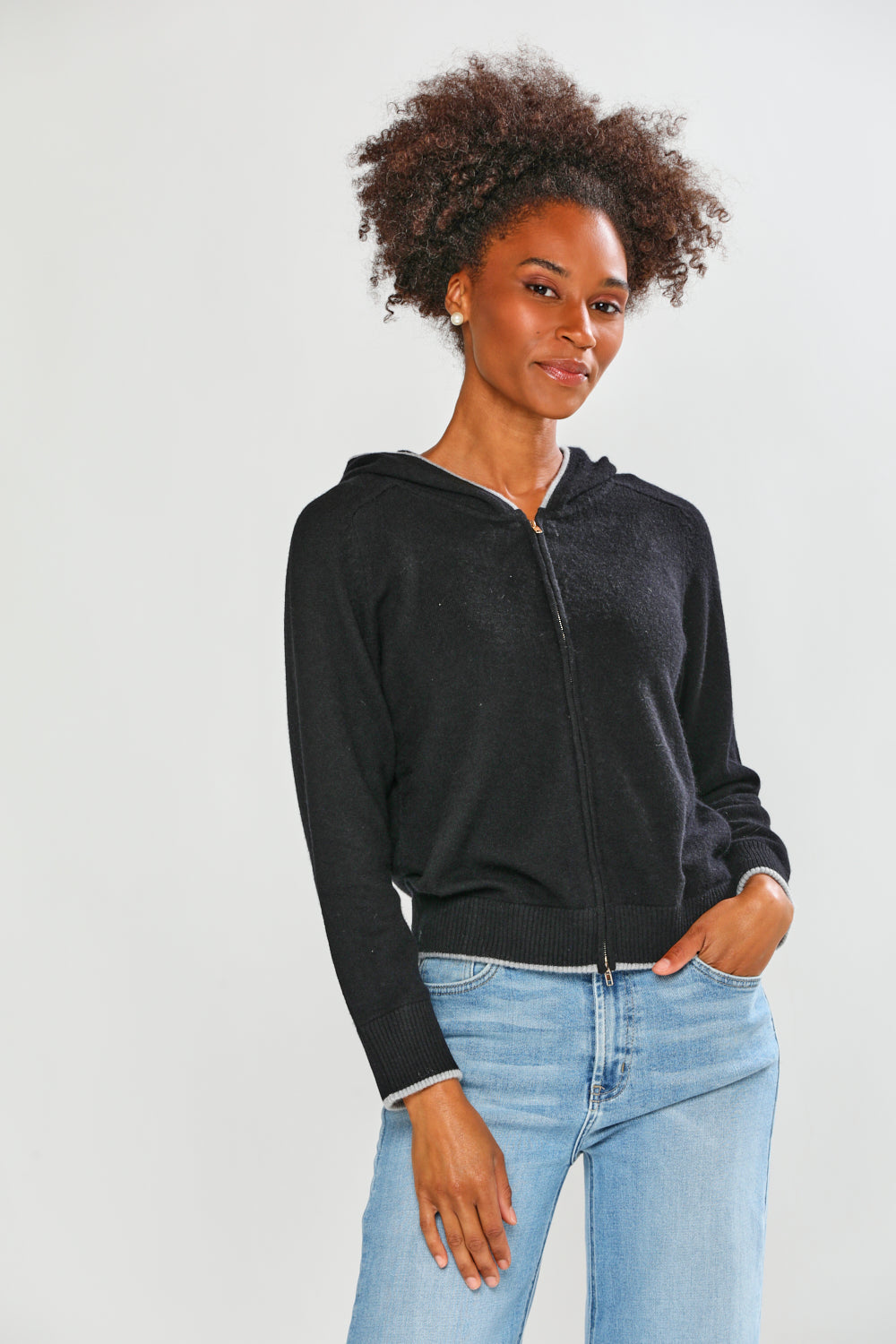 The Zipper Front Tipped Cardigan in Black/Grey