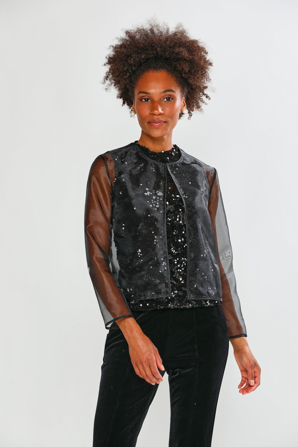 Woman wearing an organza jacket