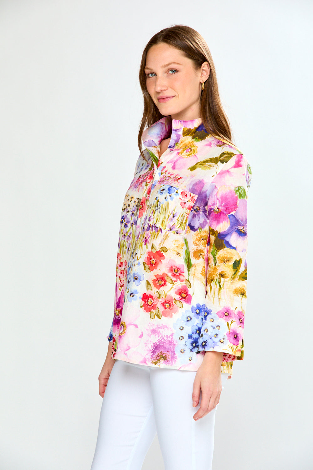 Linen Top W/Front Placket & Stand Collar