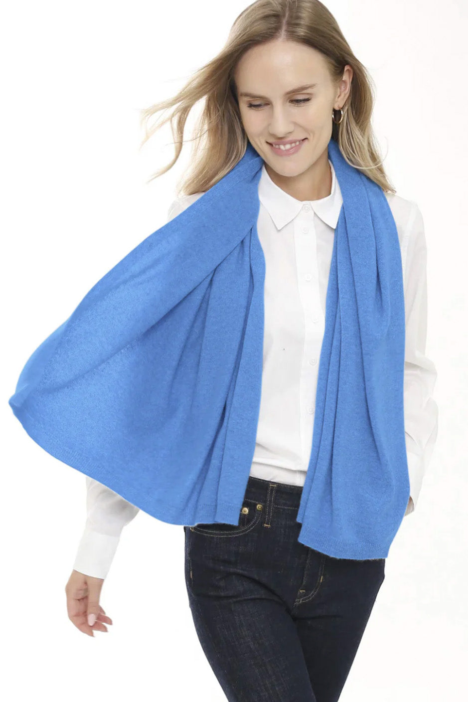 Woman in agate blue cashmere scarf