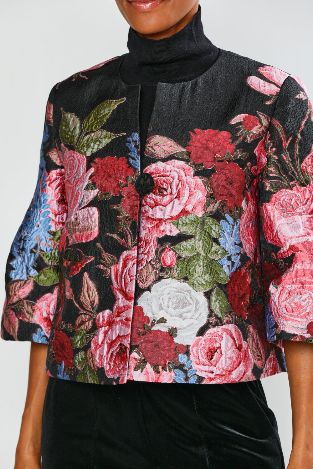 Floral patterned jacket with a black background