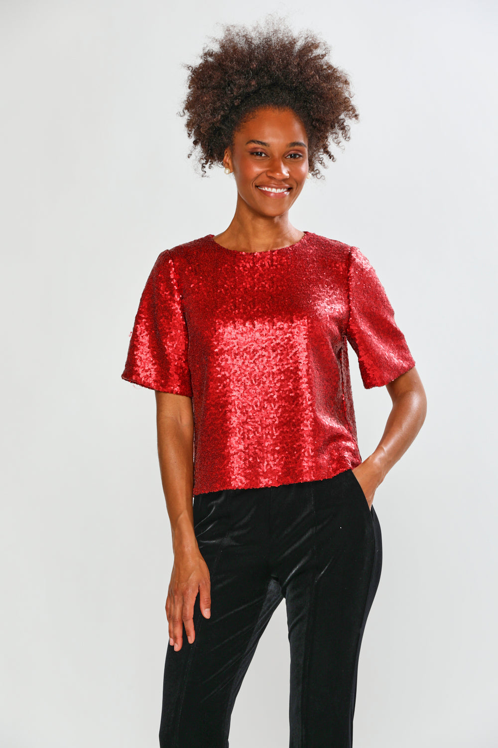 Woman in red blouse