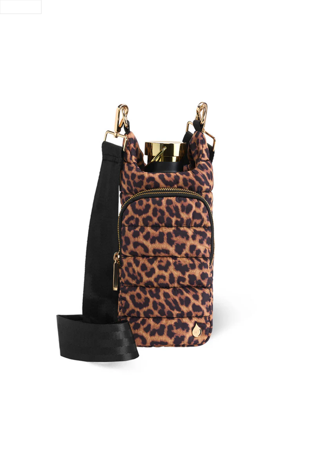 Leopard print water bottle crossbody bag with a black strap on a white background