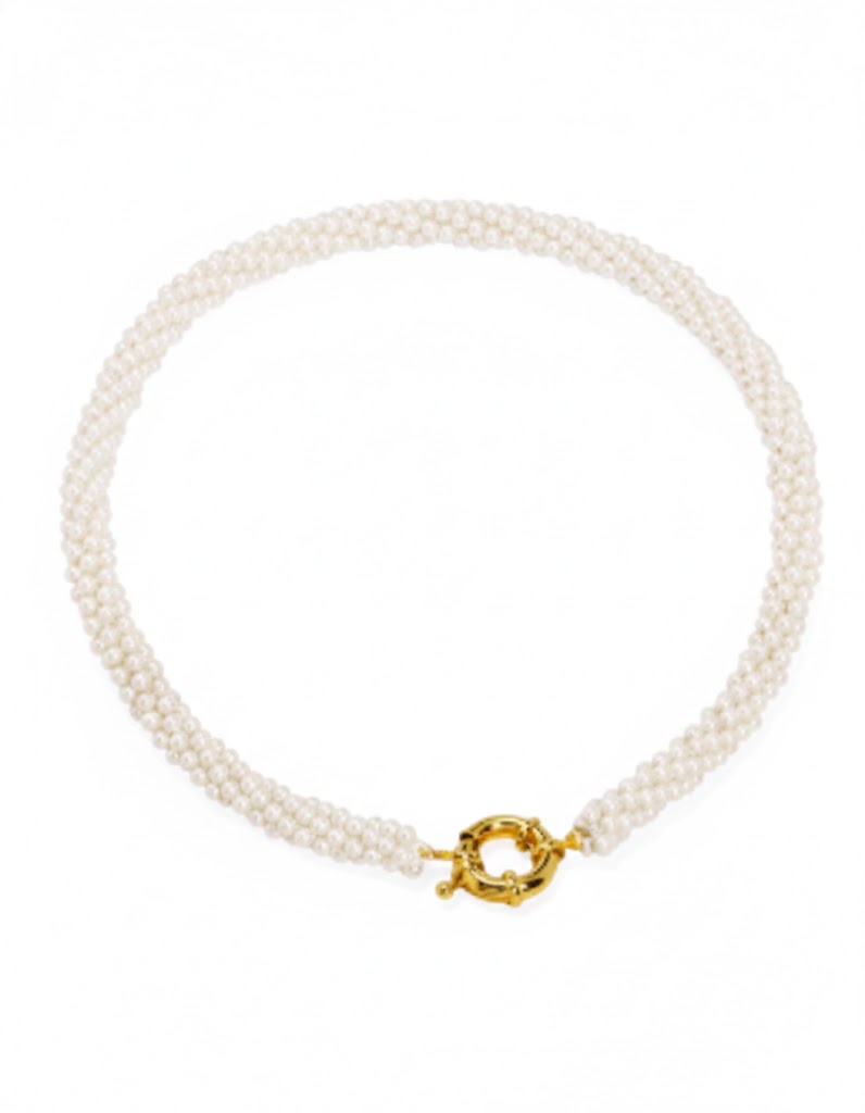 Pearl necklace with a gold clasp on a white background