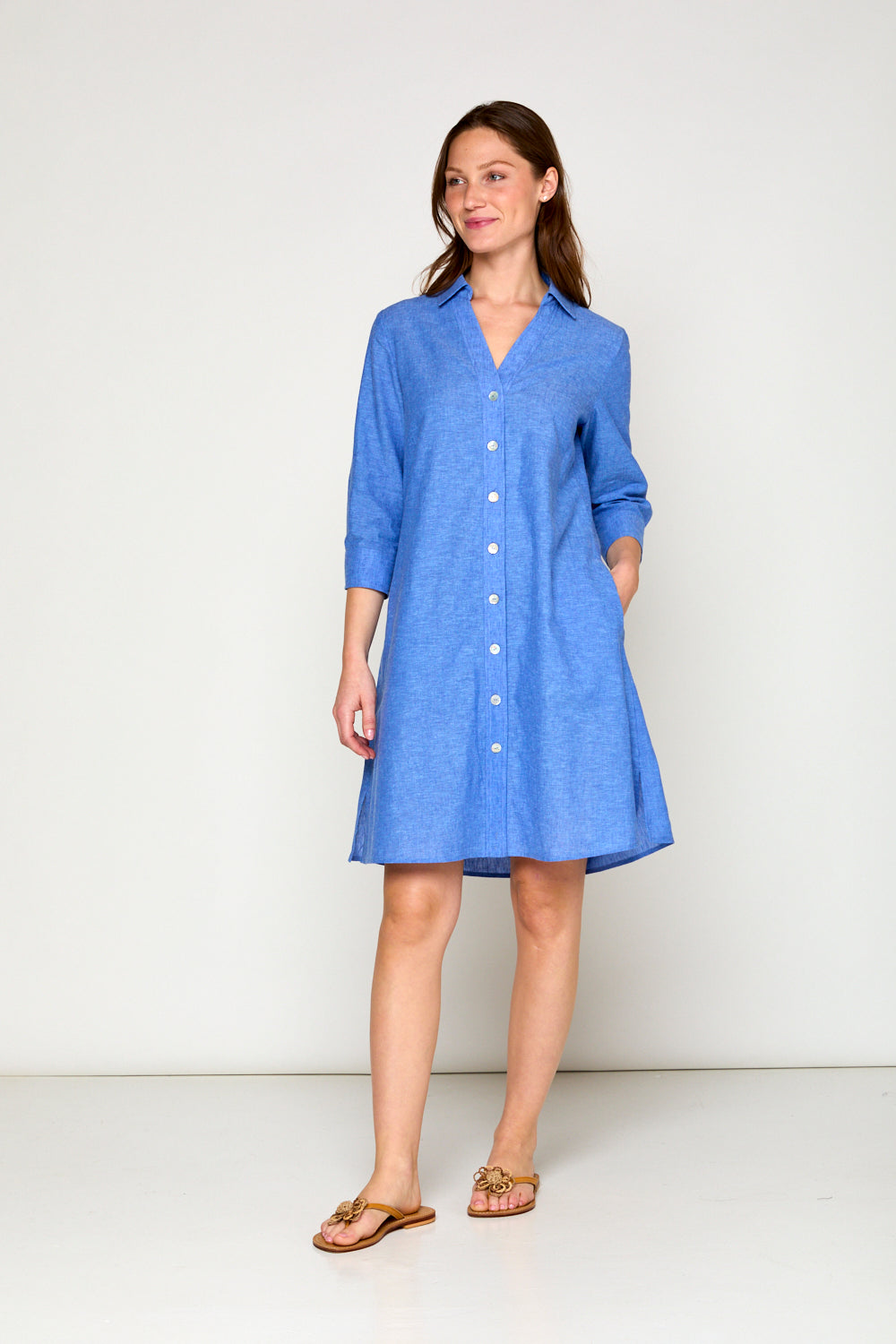 The Linen Bea Shirtdress in Azure