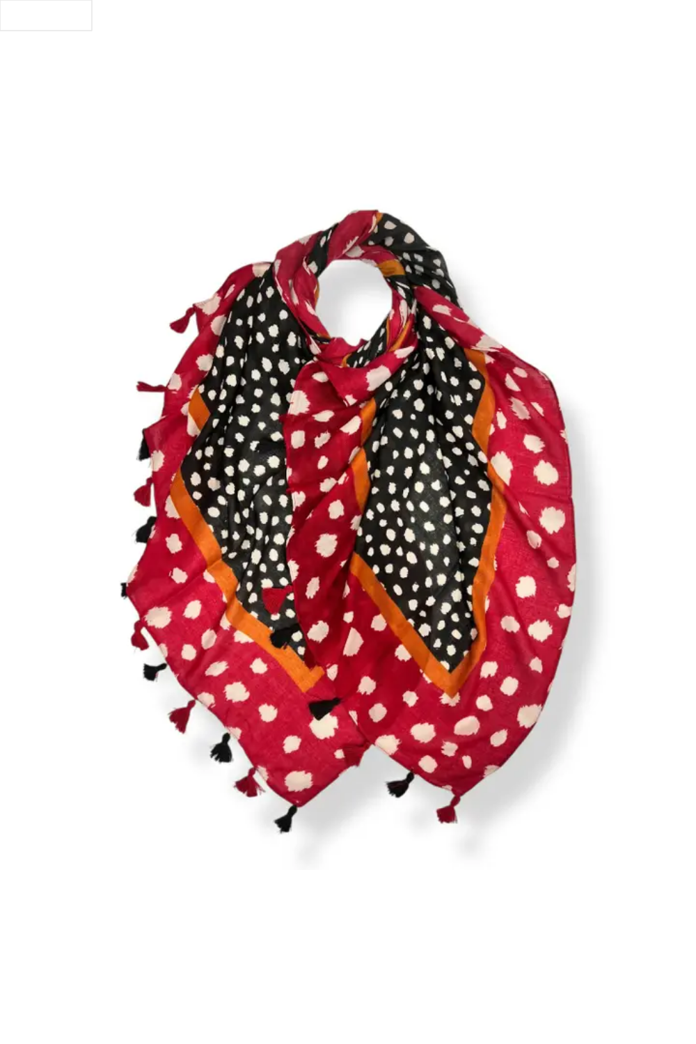 Colorful scarf with polka dot patterns on a white background