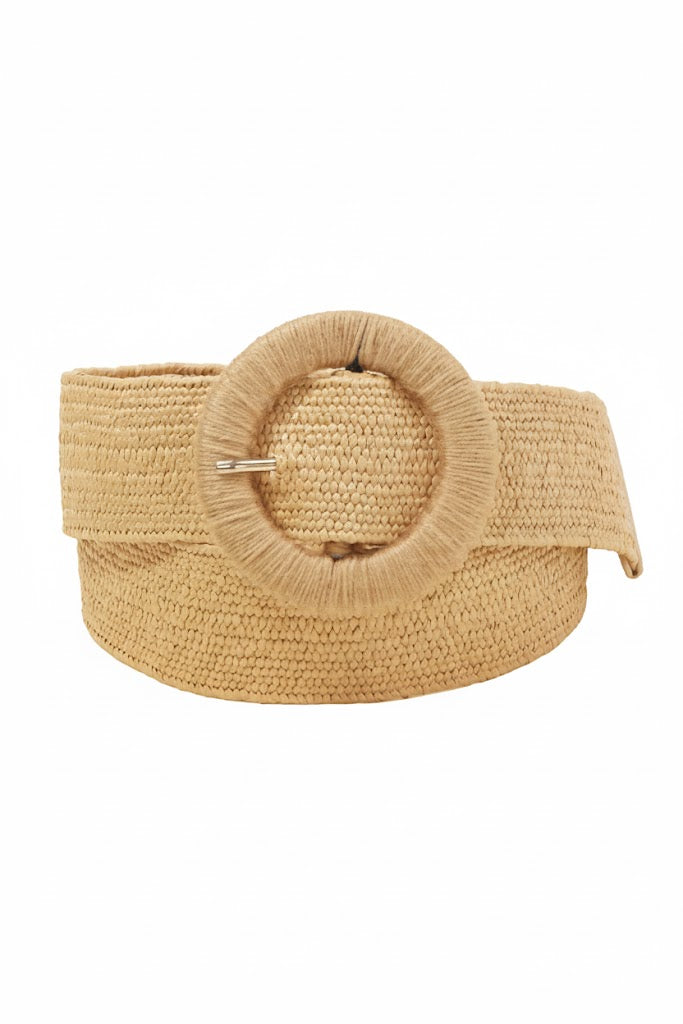 Beige woven belt with a circular design on a white background