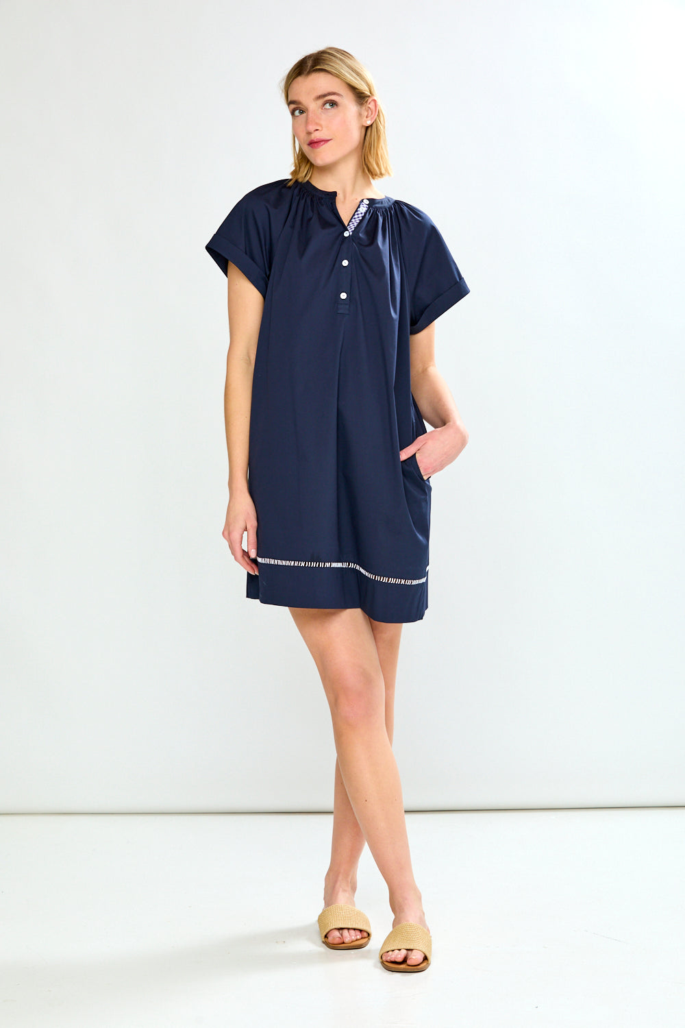 Short Slv Dress W/Front Placket &amp; Trim