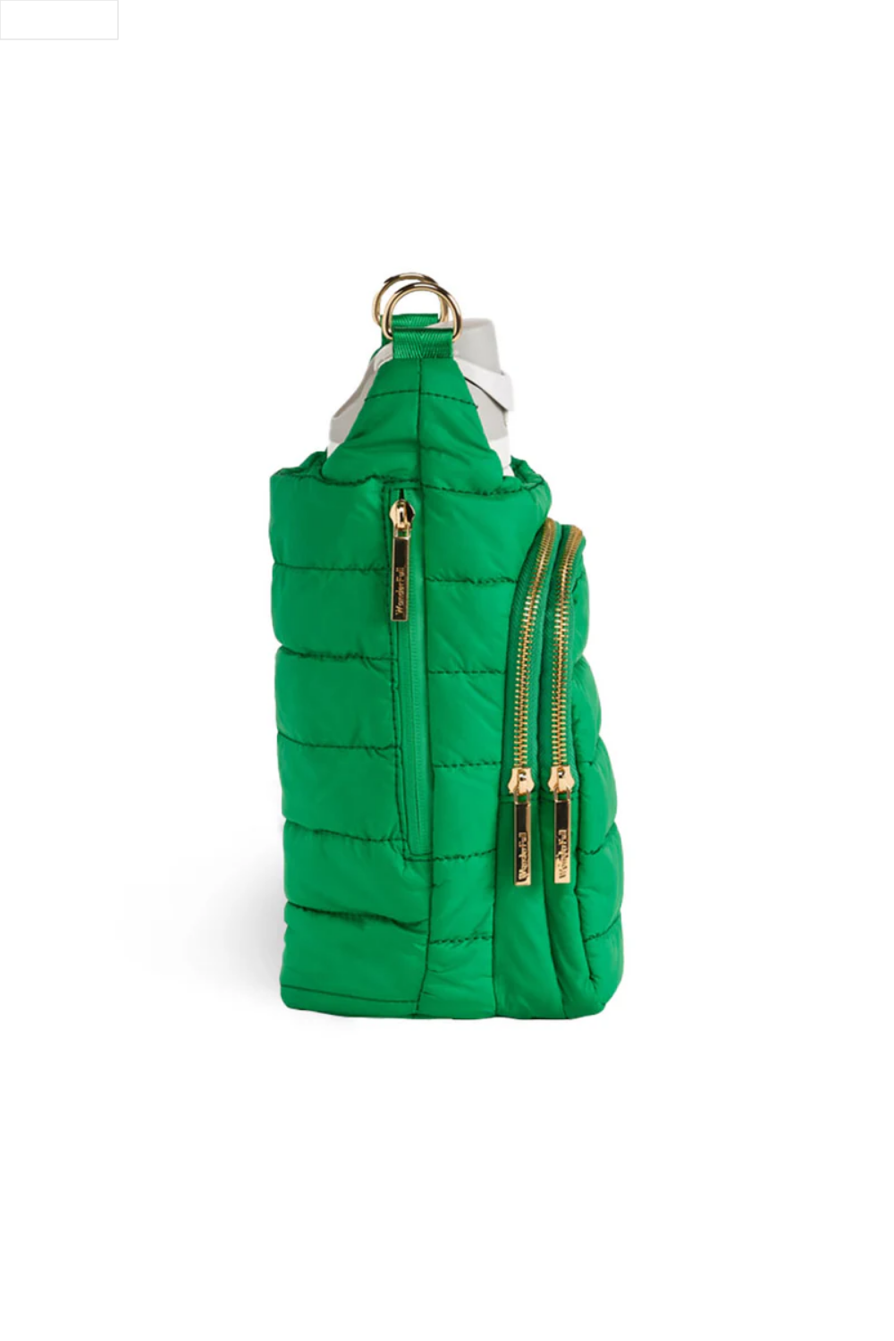 Kelly green puffer water bottle bag on a white background
