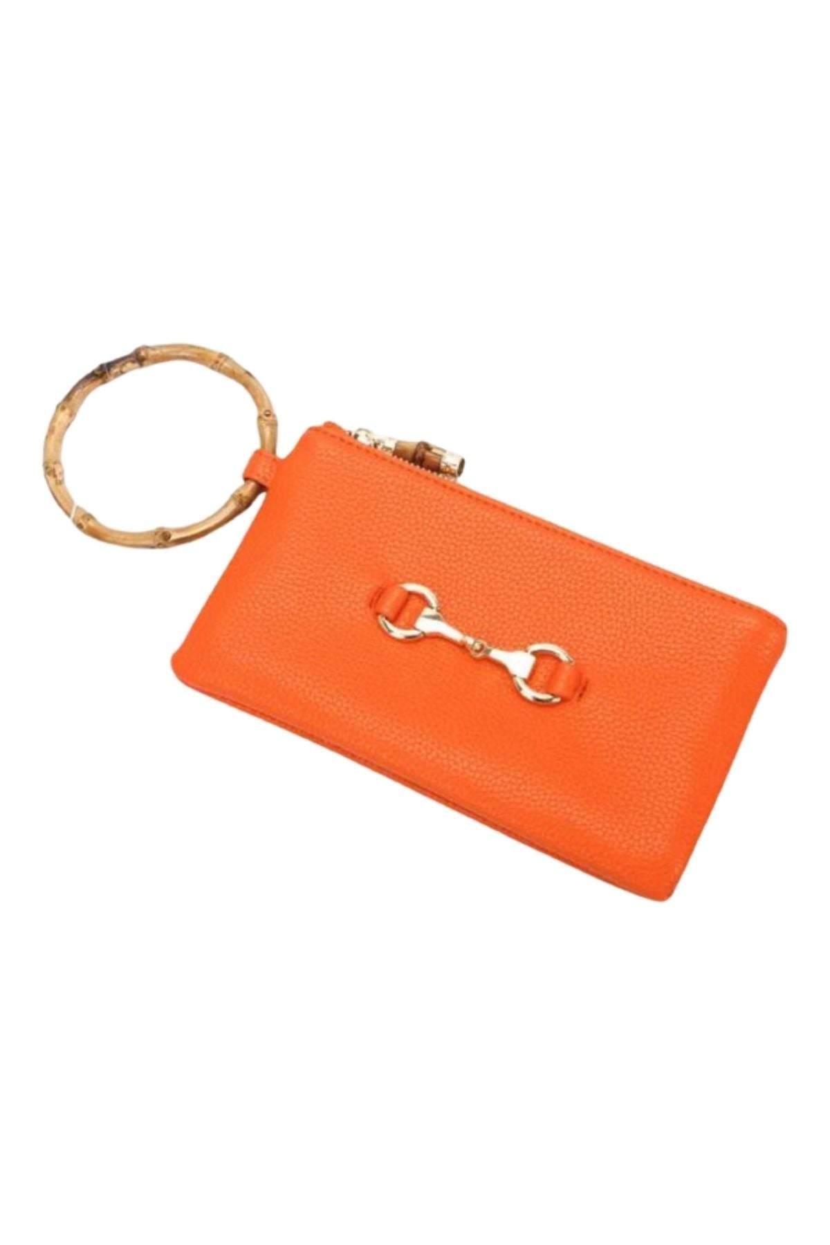 Orange keychain pouch with a metallic clasp on a white background
