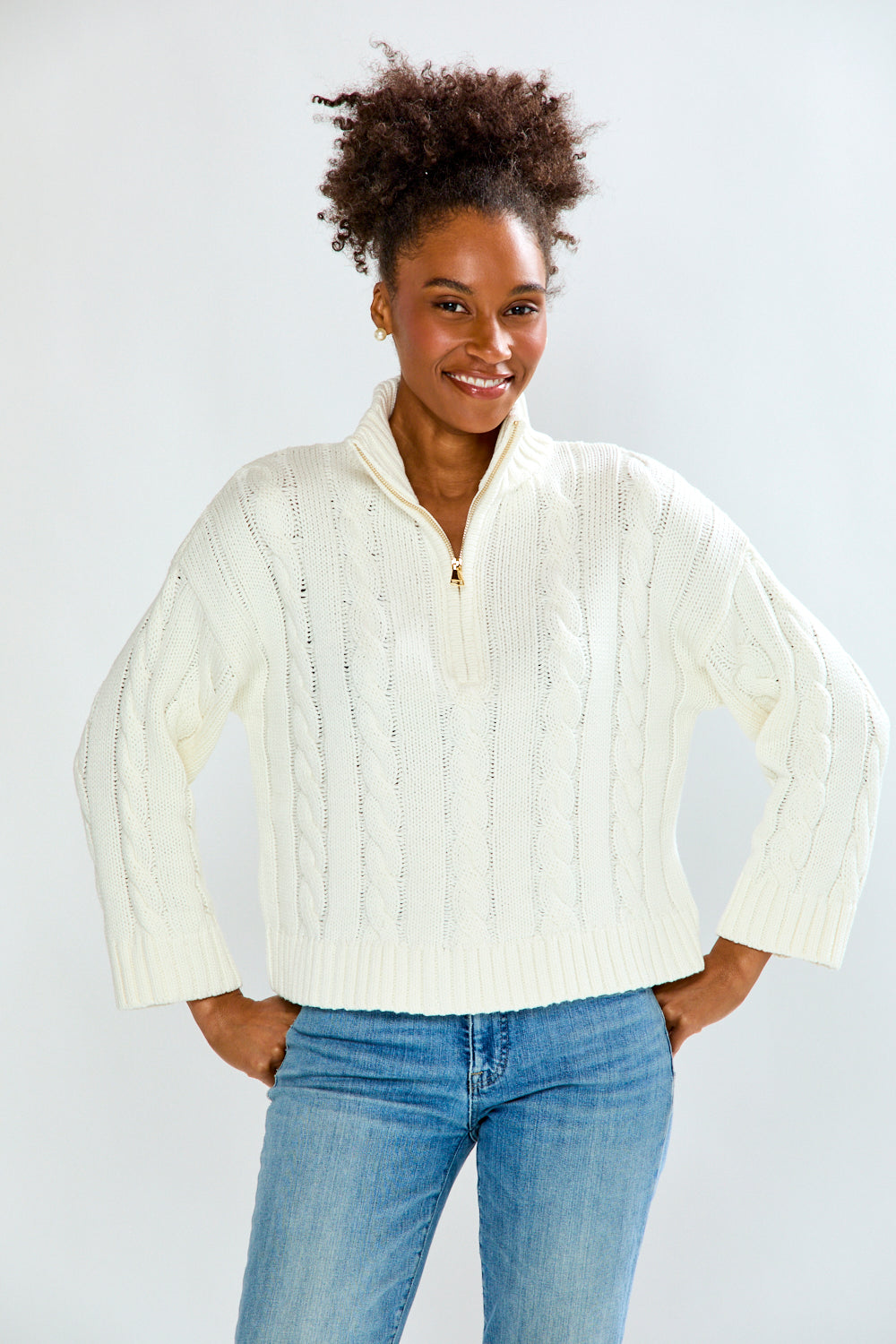 Woman wearing Cotton Cable Quarter Zip
