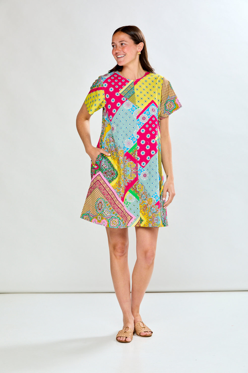 Woman wearing scarf print short dress