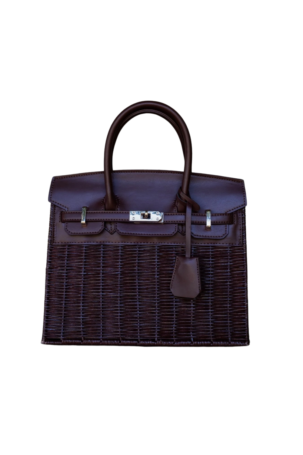 Dark brown handbag with silver hardware on a white background