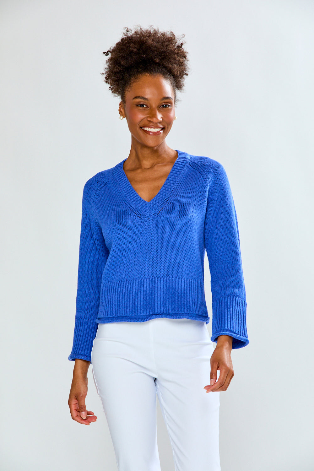Woman wearing V Neck Linen Pullover in French Blue