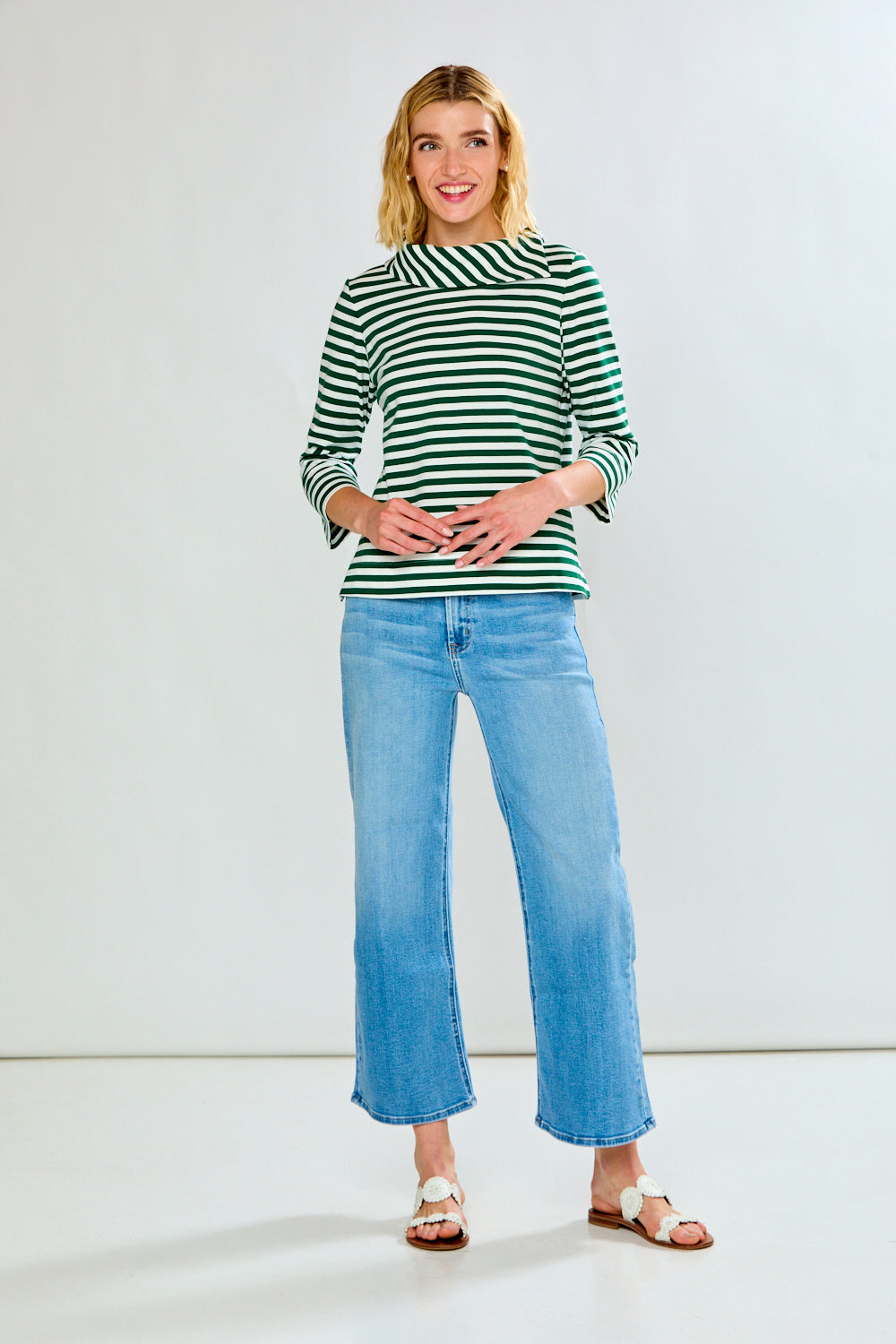 Woman in green striped top