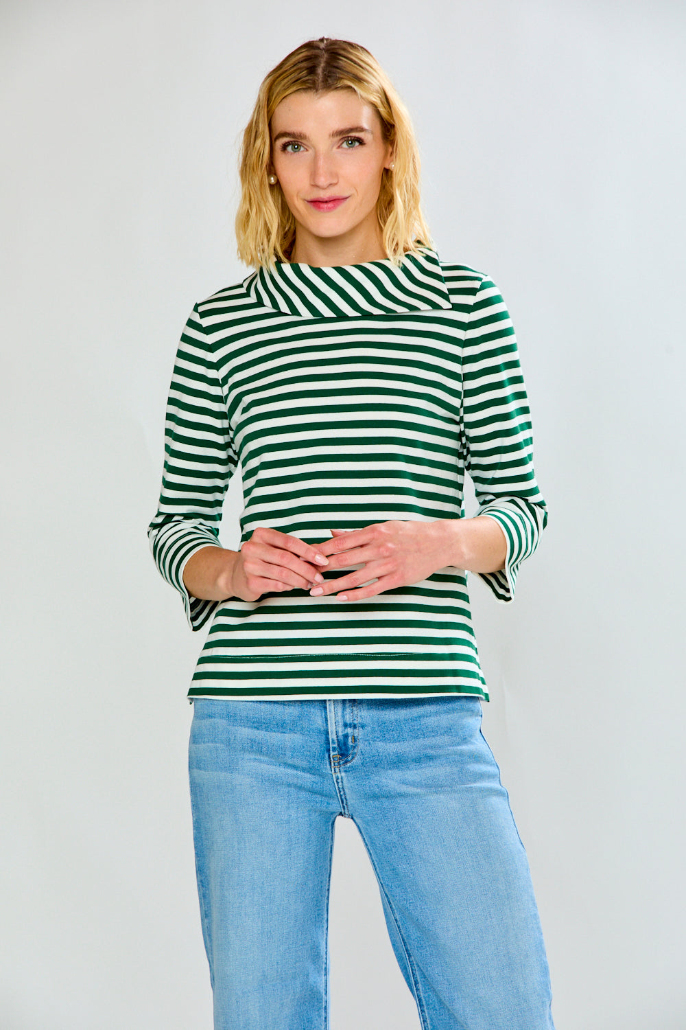 Woman in green striped top