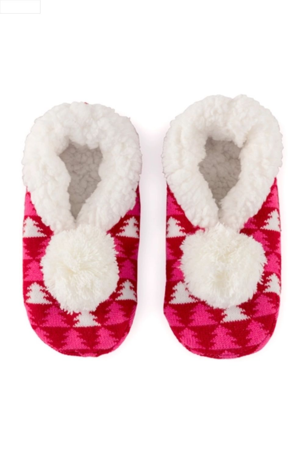 Pair of pink and white patterned slippers with fluffy interior on a white background