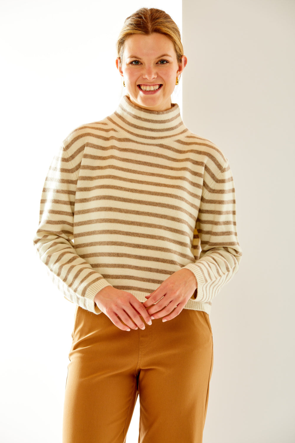 The Striped Mockneck Pullover in Ivory &amp; Tan