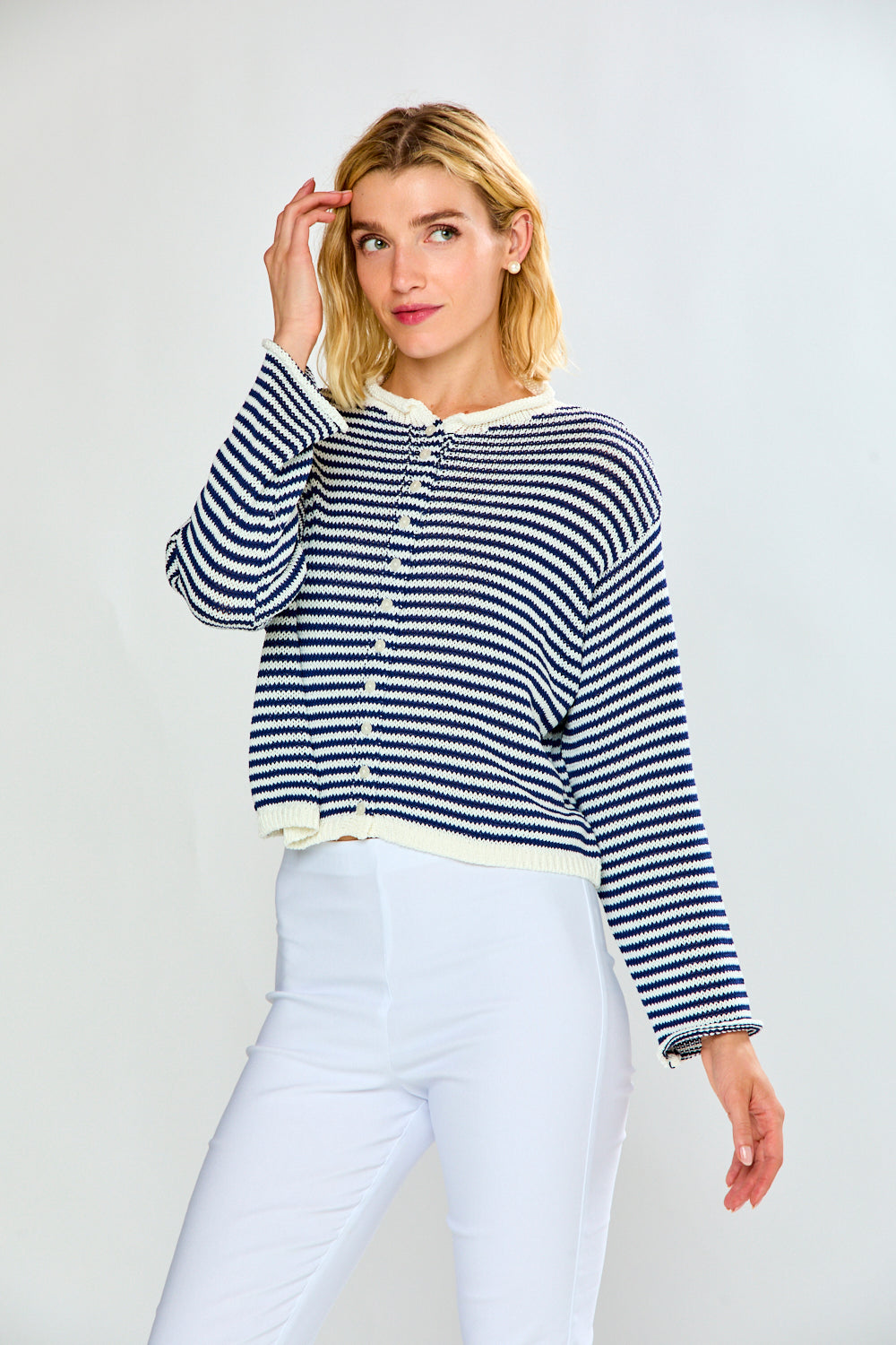 The Striped Button Up Cardigan - Navy & White – Sara Campbell