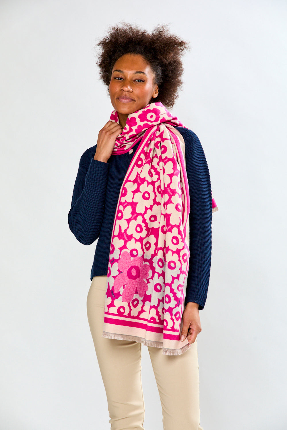 Woman in pink floral scarf