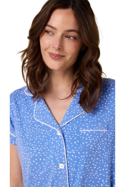Woman in blue confetti pajamas
