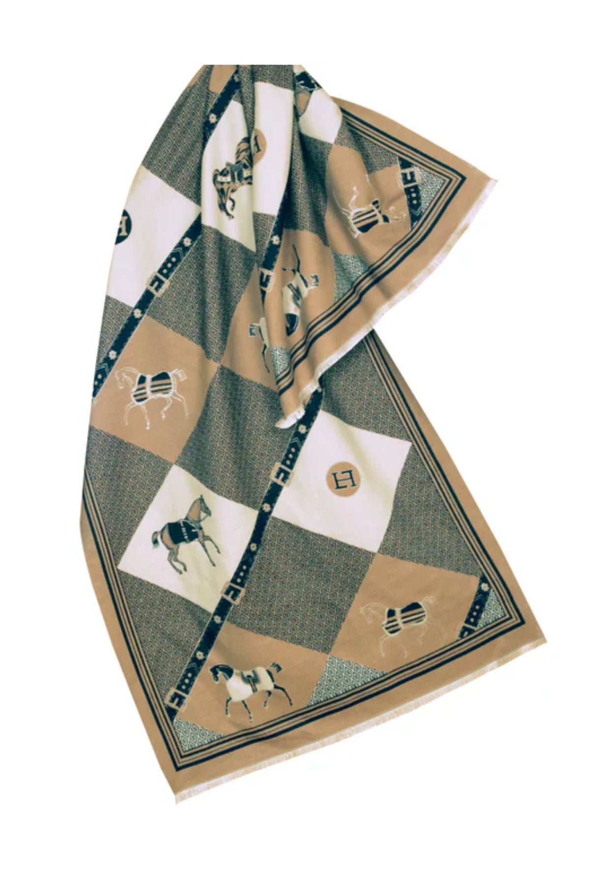 Patterned fabric with horse designs on a white background