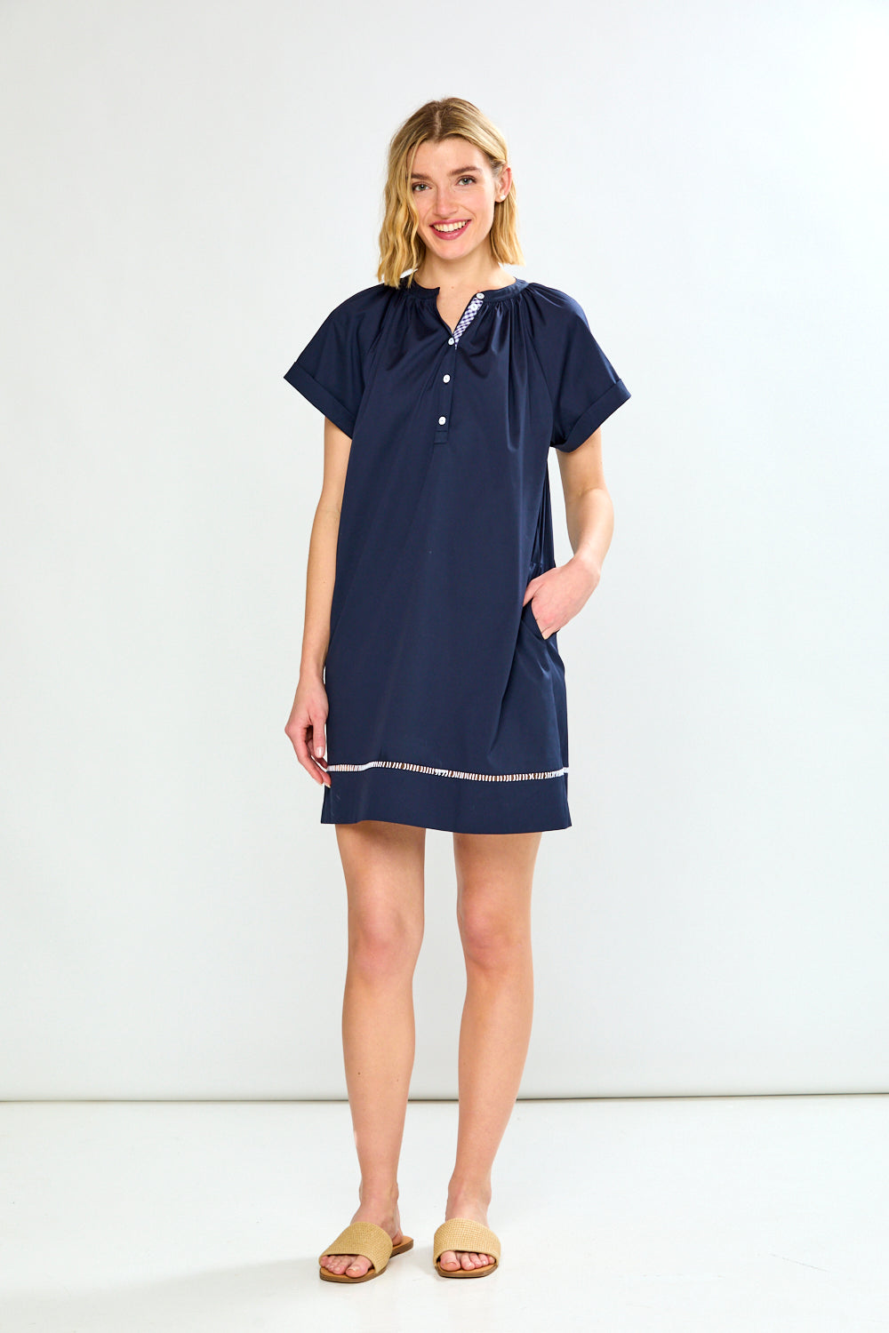 Short Slv Dress W/Front Placket &amp; Trim