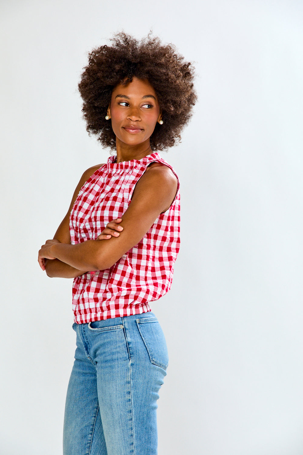 Woman in gingham top
