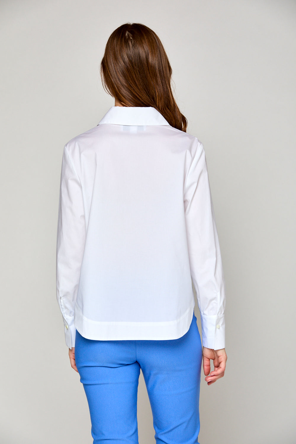 Woman in v neck collar shirt