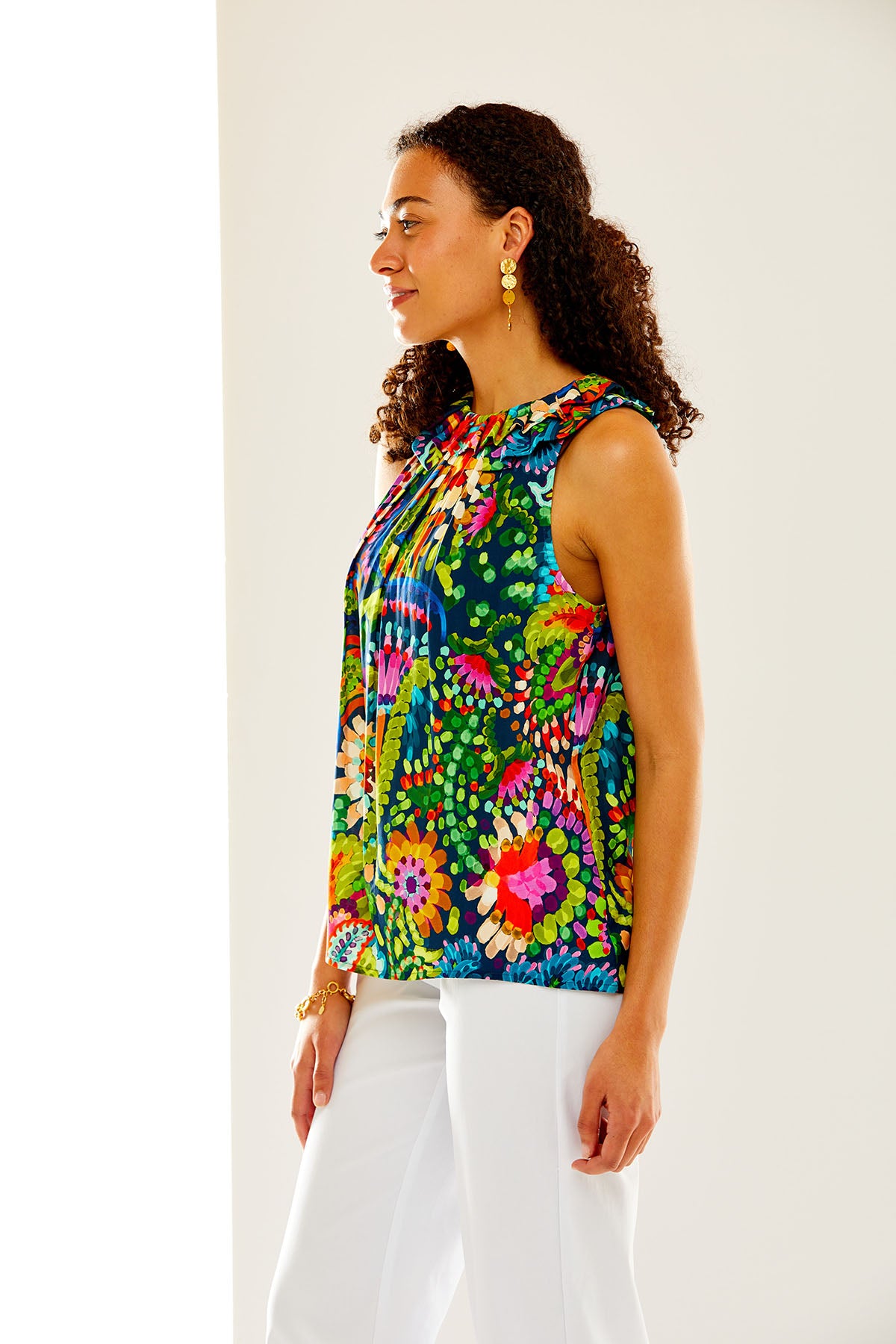 Woman in abstract print blouse