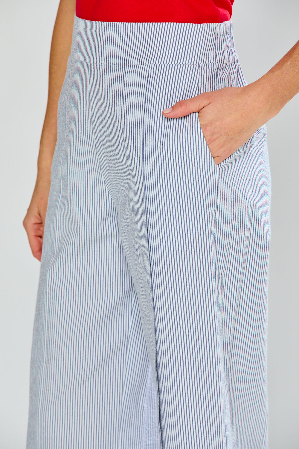 The Kit Pant in Seersucker in Navy Pinstripe