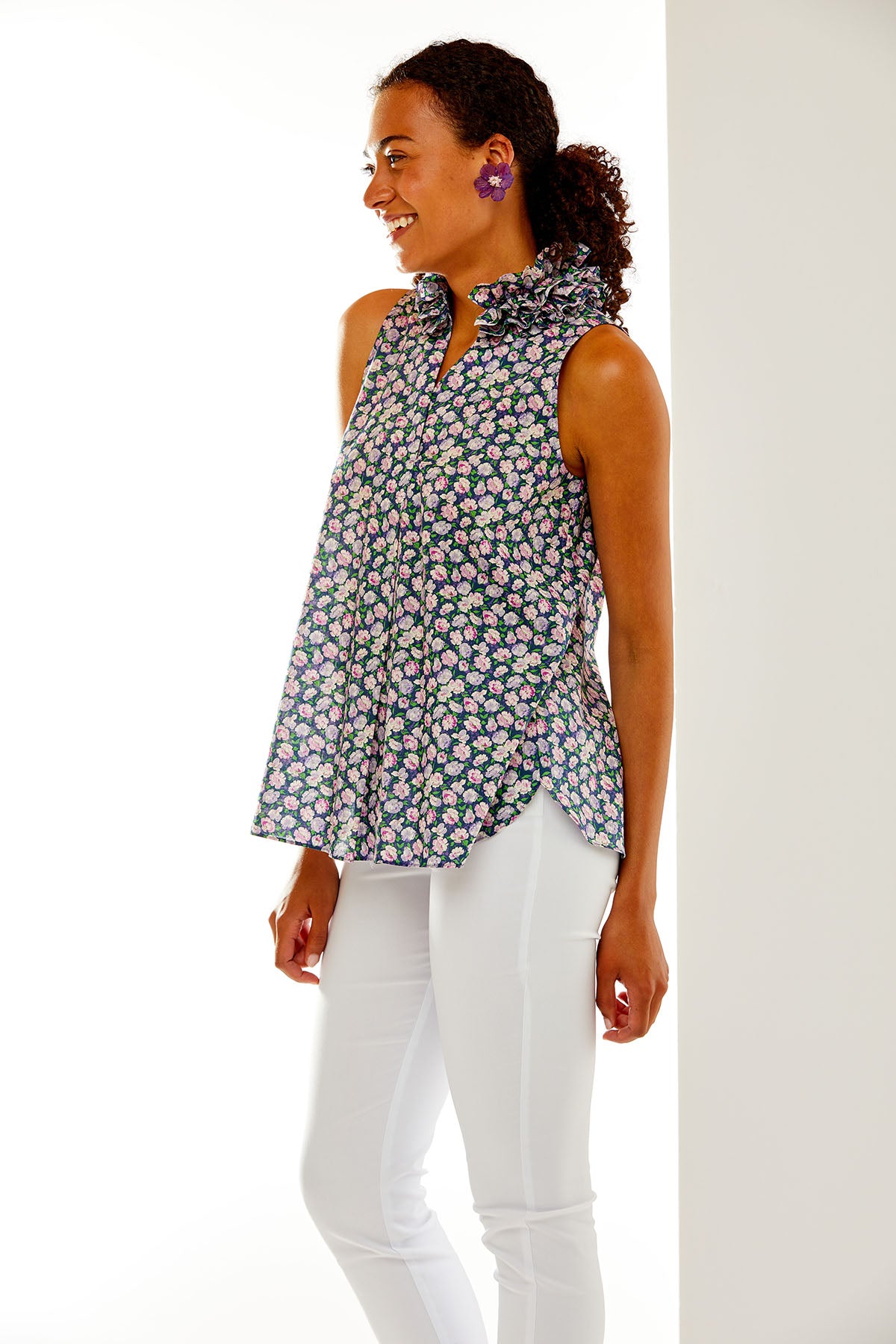 Woman in floral print blouse