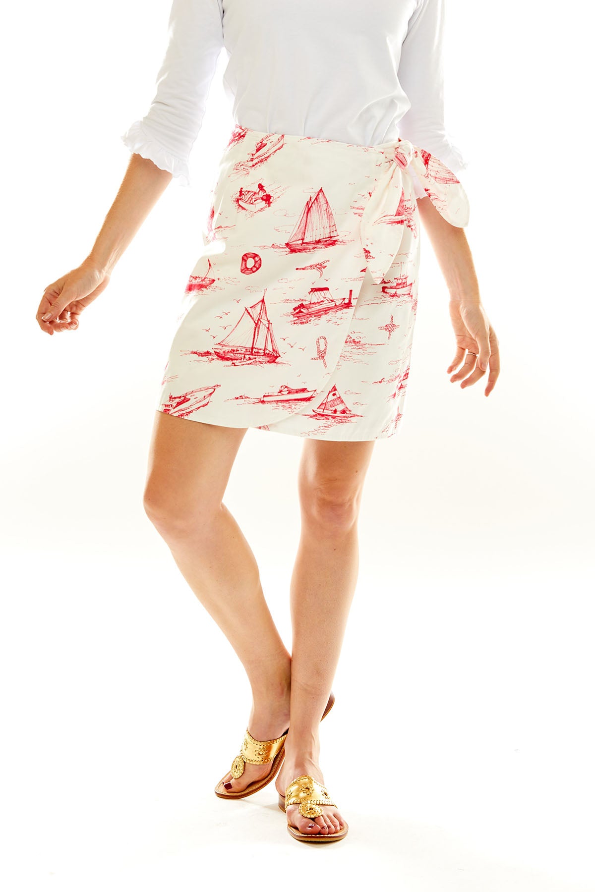 Woman in nautical toile skirt