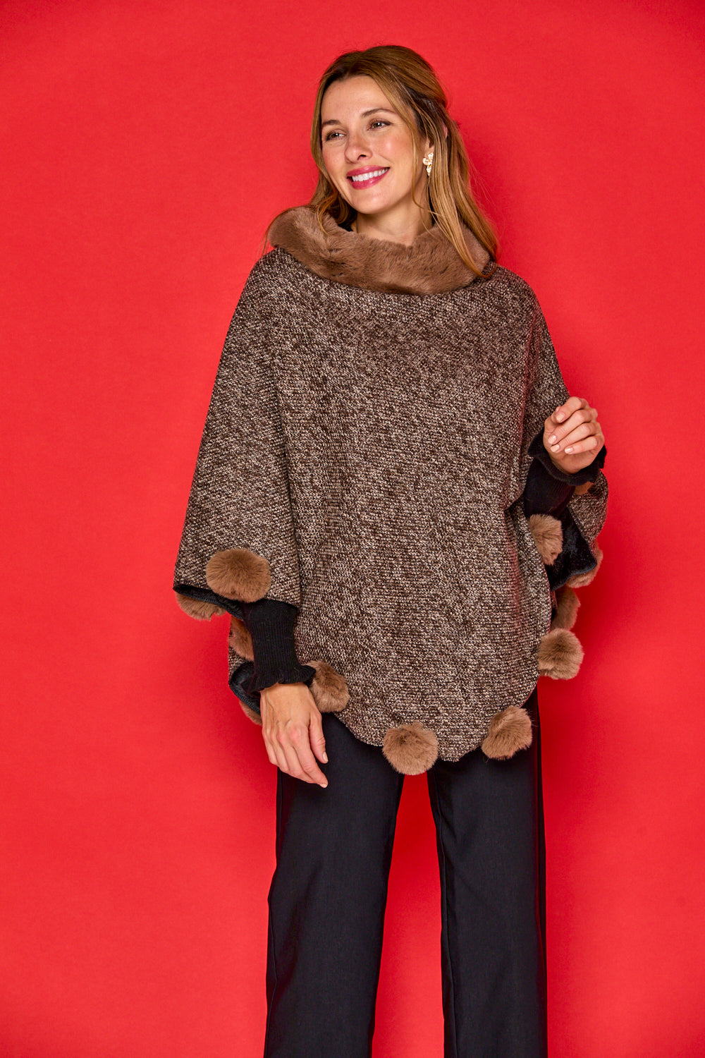 Posey Faux Fur Pom Pom Poncho