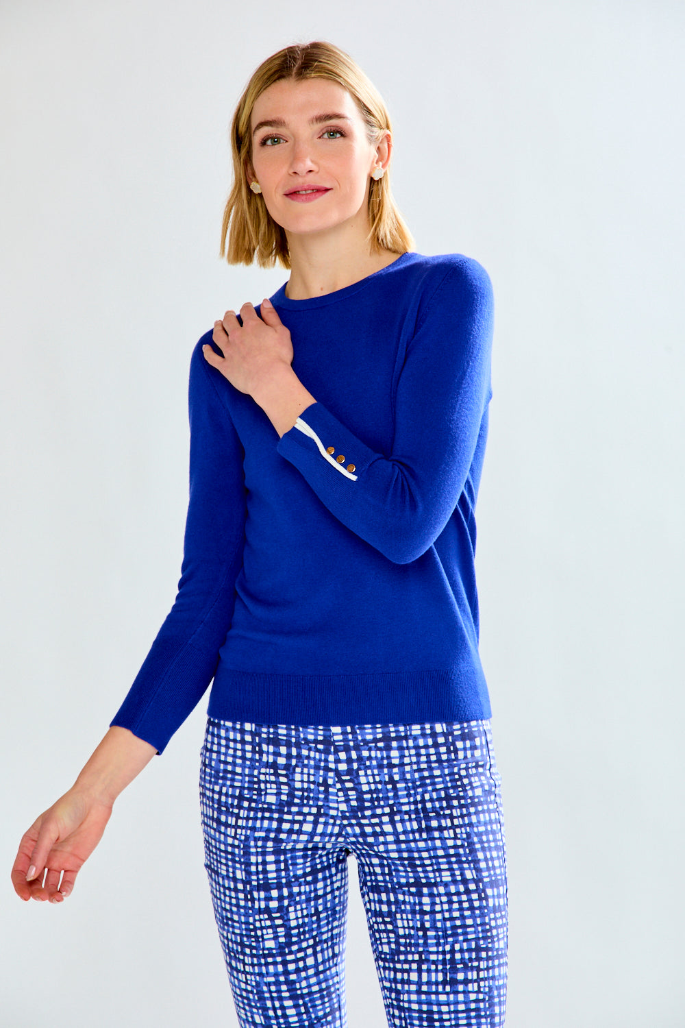 Woman wearing Crew Pullover With Buttons