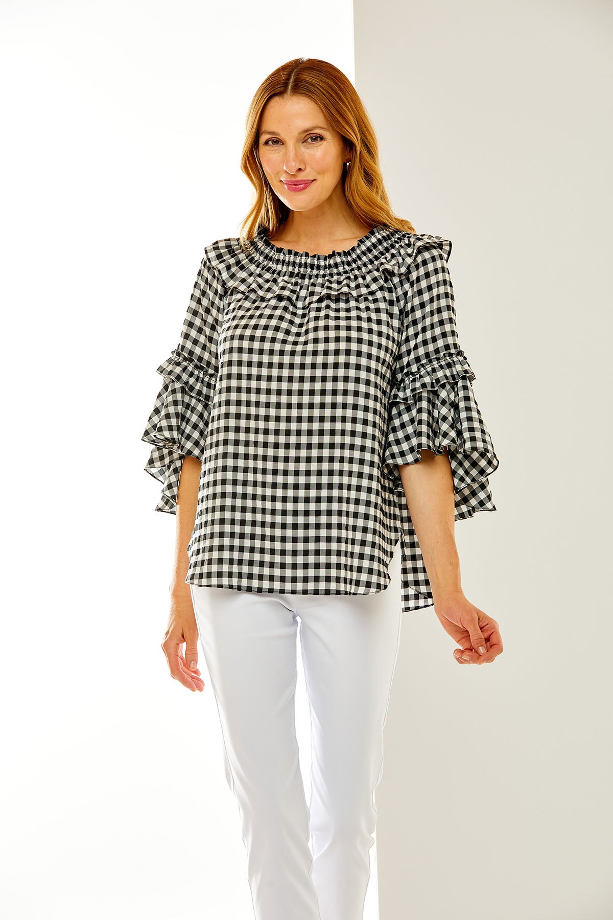 Woman in gingham blouse
