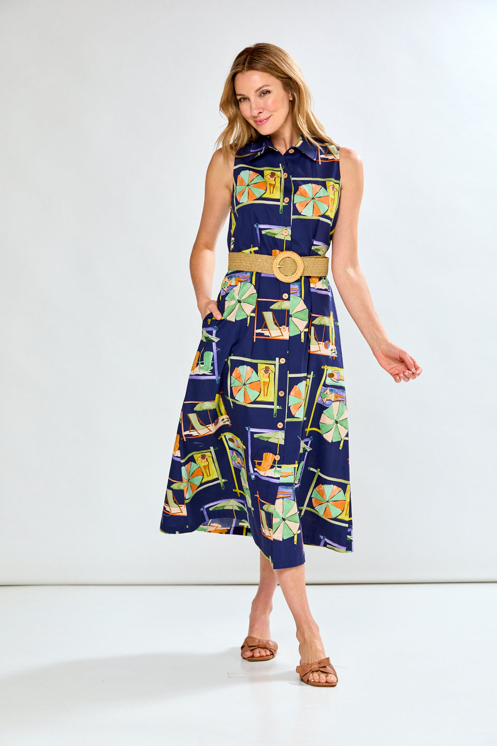 Woman in navy printed dress
