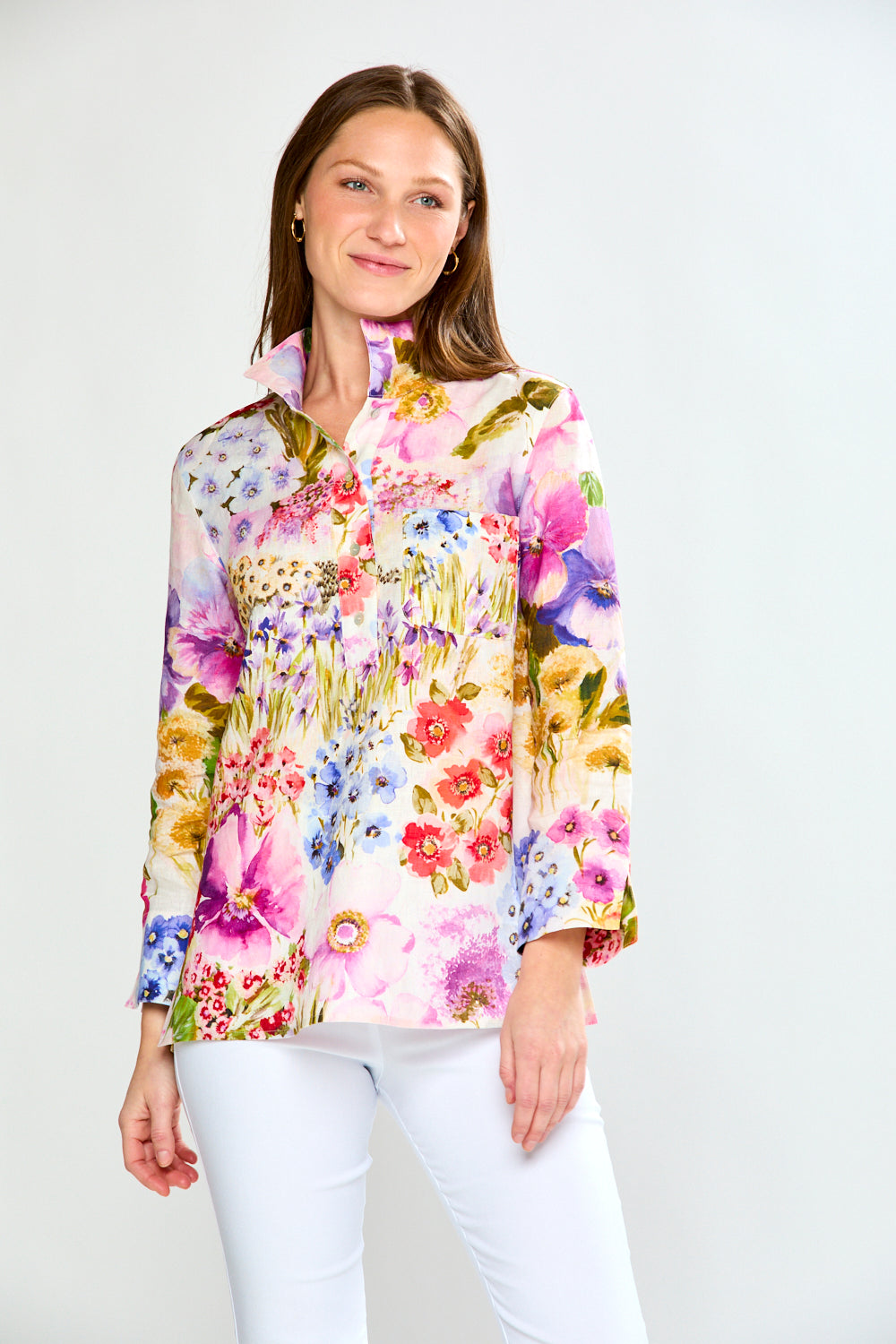 Linen Top W/Front Placket & Stand Collar