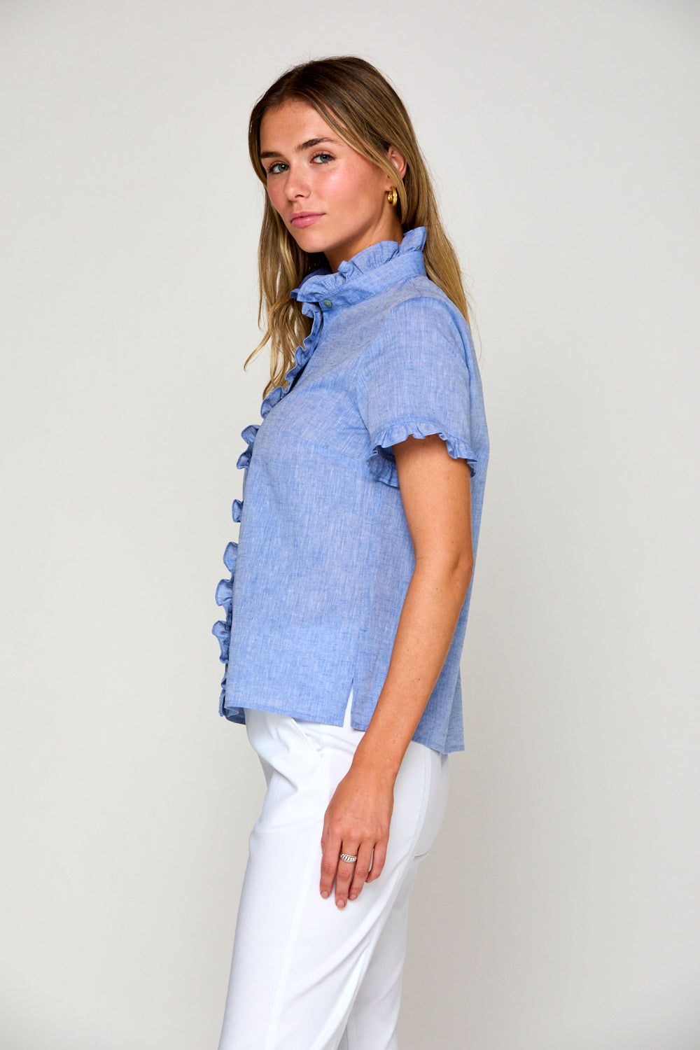 Woman in marine short sleeve linen blouse