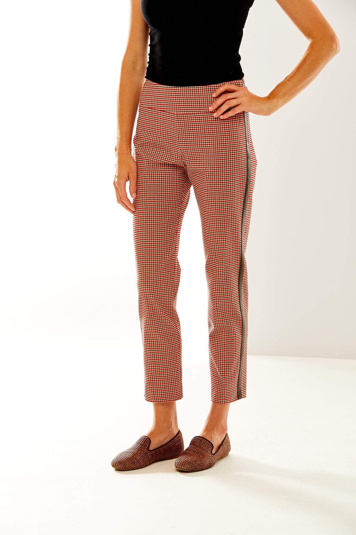 Woman in plaid pant