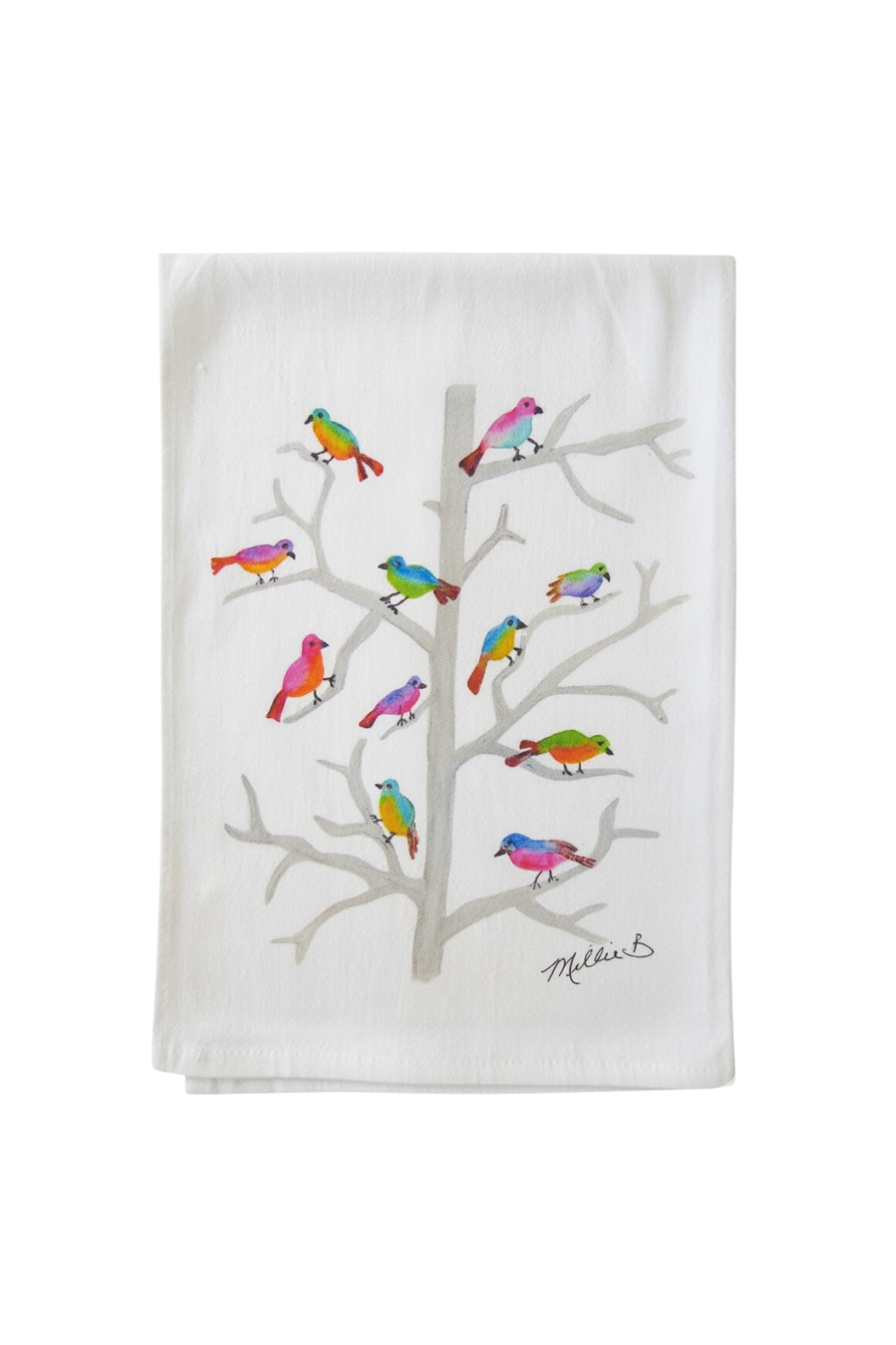 White towel with colorful bird design on a white background